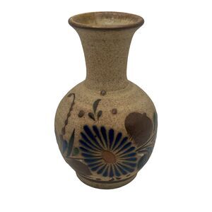 Vtg Tonala Sandstone 6" Vase Mexican Hand Painted Floral Folk Art Decor Signed